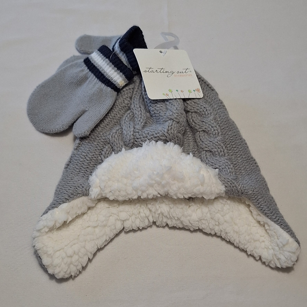 Starting Out Gray and White Knit Hat with Mittens